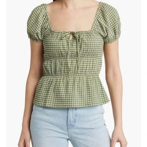 NWT Madewell Omaha top puffed sleeve tiered peplum silhouette Sz S Plaid  green